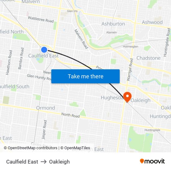 Caulfield East to Oakleigh map