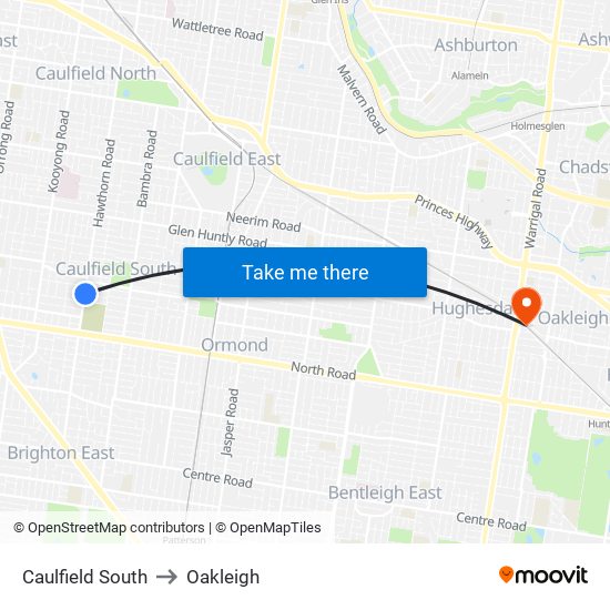 Caulfield South to Oakleigh map
