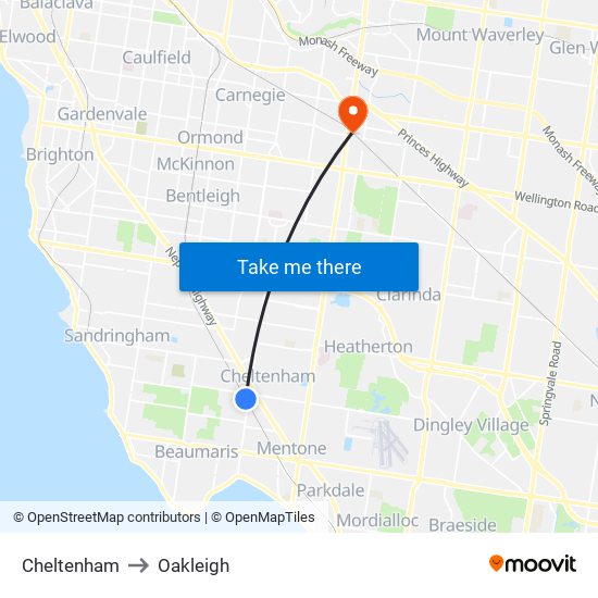 Cheltenham to Oakleigh map