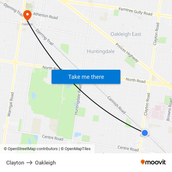 Clayton to Oakleigh map