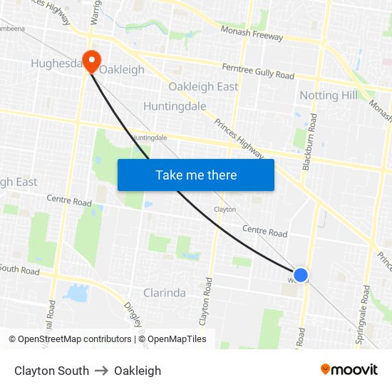 Clayton South to Oakleigh map