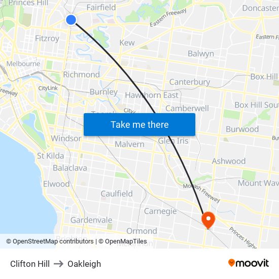 Clifton Hill to Oakleigh map