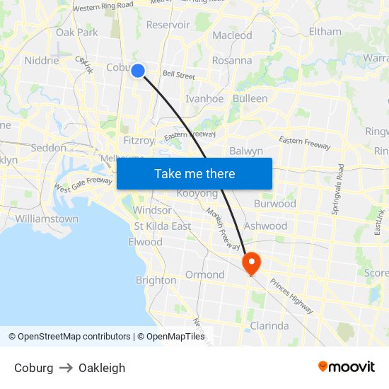 Coburg to Oakleigh map