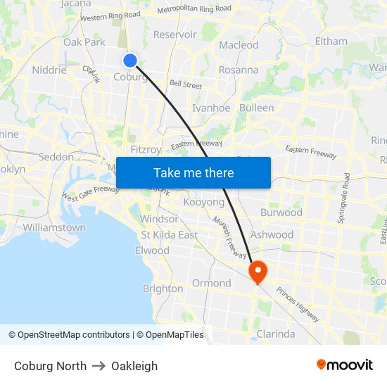 Coburg North to Oakleigh map