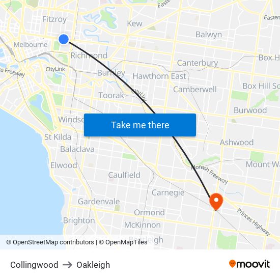 Collingwood to Oakleigh map