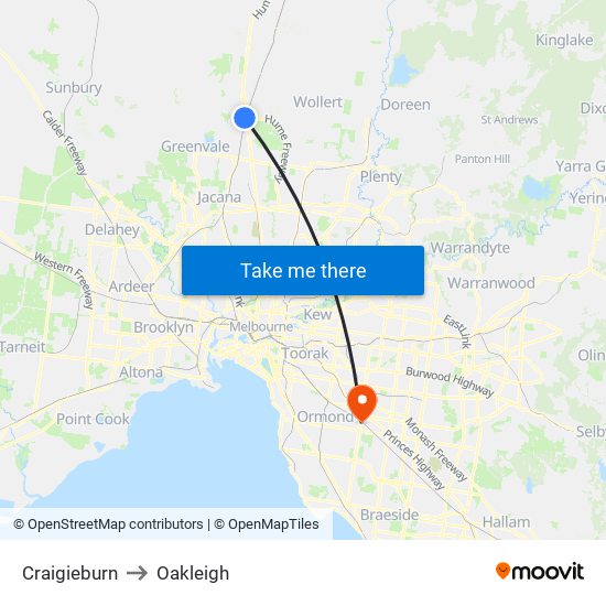 Craigieburn to Oakleigh map