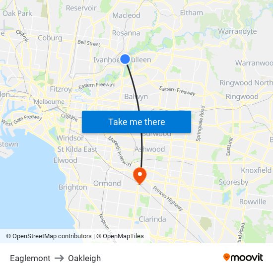 Eaglemont to Oakleigh map