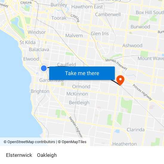 Elsternwick to Oakleigh map