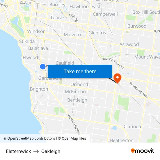 Elsternwick to Oakleigh map