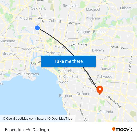 Essendon to Oakleigh map