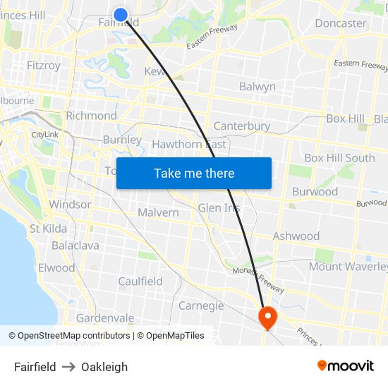 Fairfield to Oakleigh map