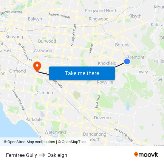 Ferntree Gully to Oakleigh map