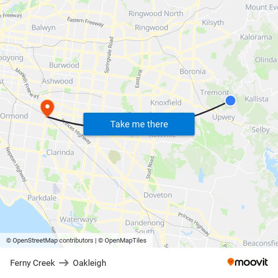 Ferny Creek to Oakleigh map