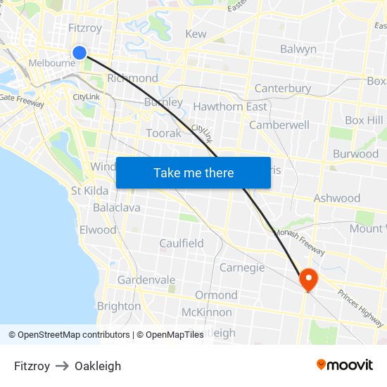 Fitzroy to Oakleigh map