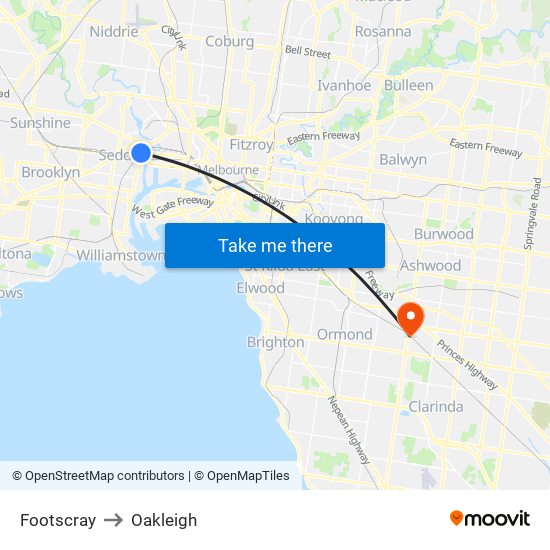 Footscray to Oakleigh map