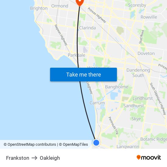 Frankston to Oakleigh map