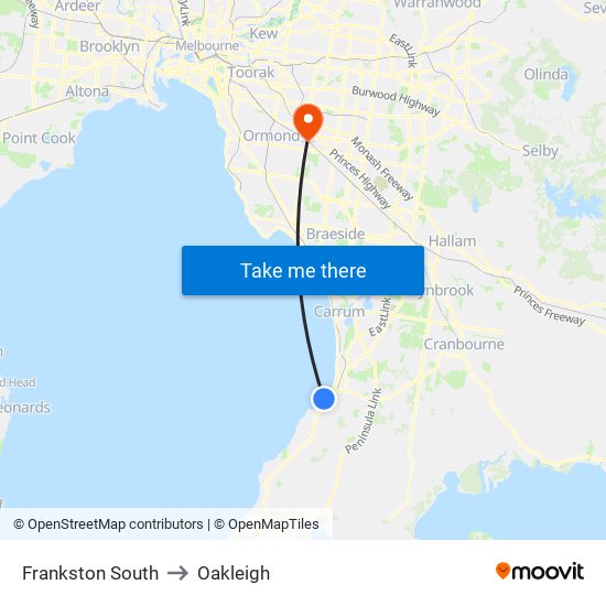 Frankston South to Oakleigh map