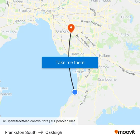 Frankston South to Oakleigh map
