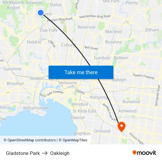 Gladstone Park to Oakleigh map