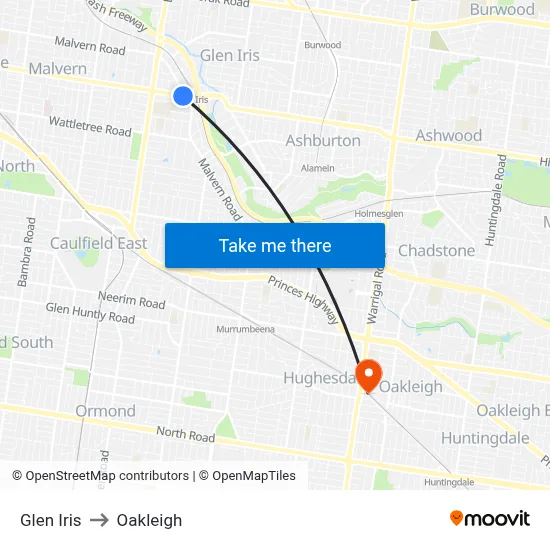 Glen Iris to Oakleigh map