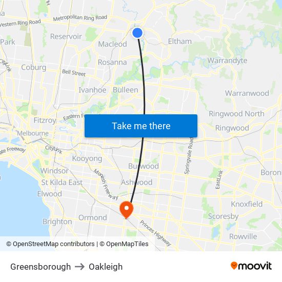 Greensborough to Oakleigh map