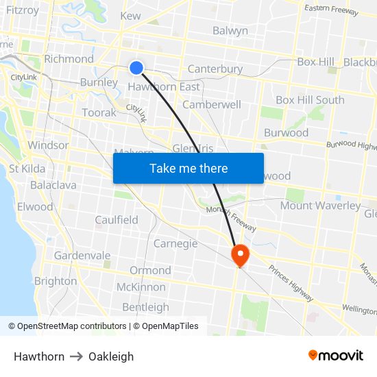 Hawthorn to Oakleigh map