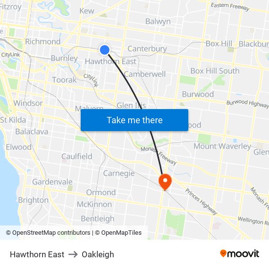 Hawthorn East to Oakleigh map