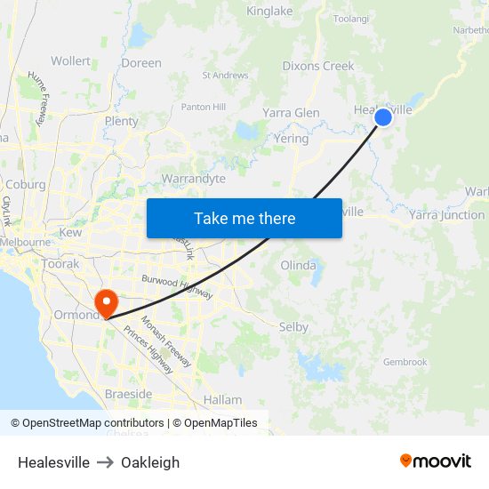 Healesville to Oakleigh map