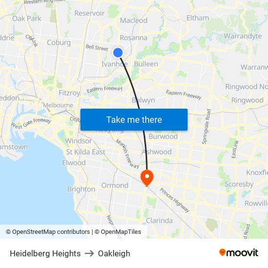 Heidelberg Heights to Oakleigh map