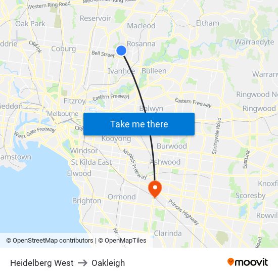 Heidelberg West to Oakleigh map