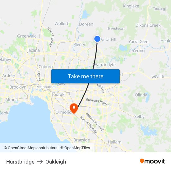 Hurstbridge to Oakleigh map