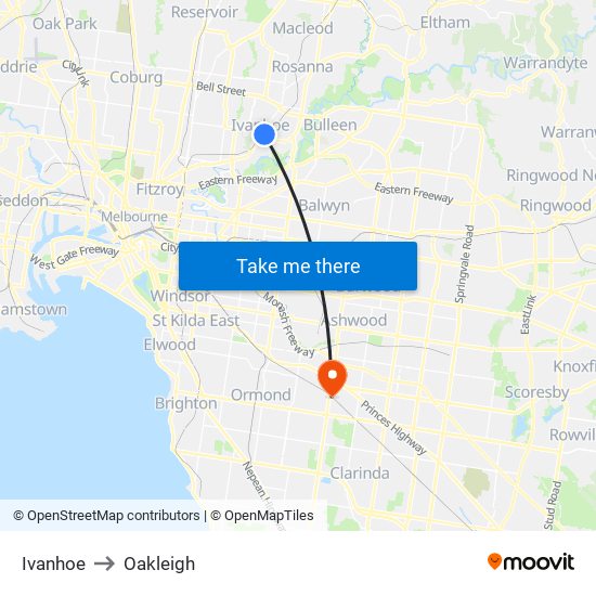 Ivanhoe to Oakleigh map