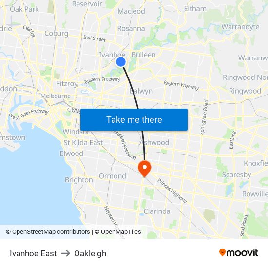 Ivanhoe East to Oakleigh map