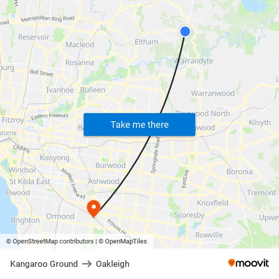 Kangaroo Ground to Oakleigh map
