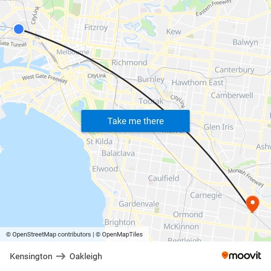 Kensington to Oakleigh map