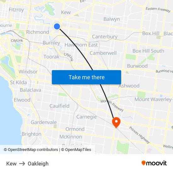 Kew to Oakleigh map