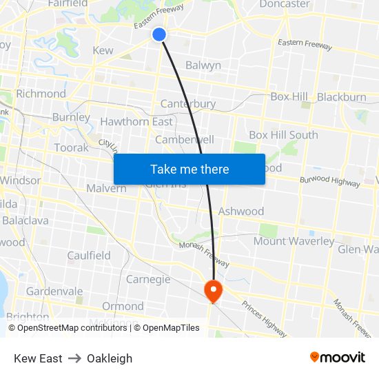 Kew East to Oakleigh map