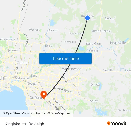 Kinglake to Oakleigh map