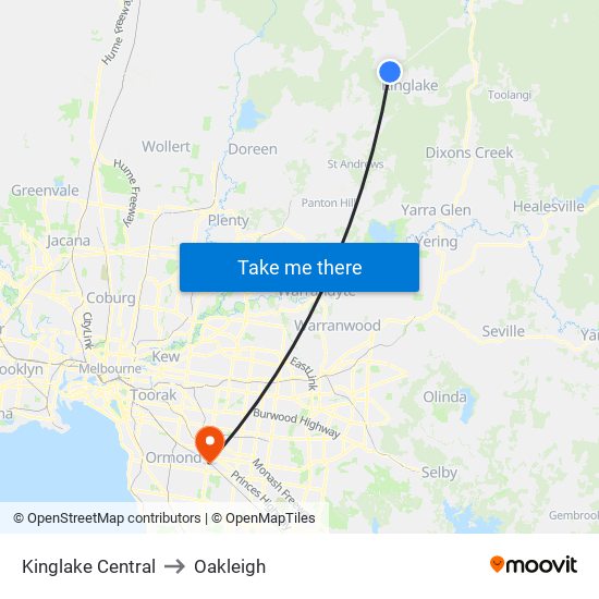 Kinglake Central to Oakleigh map