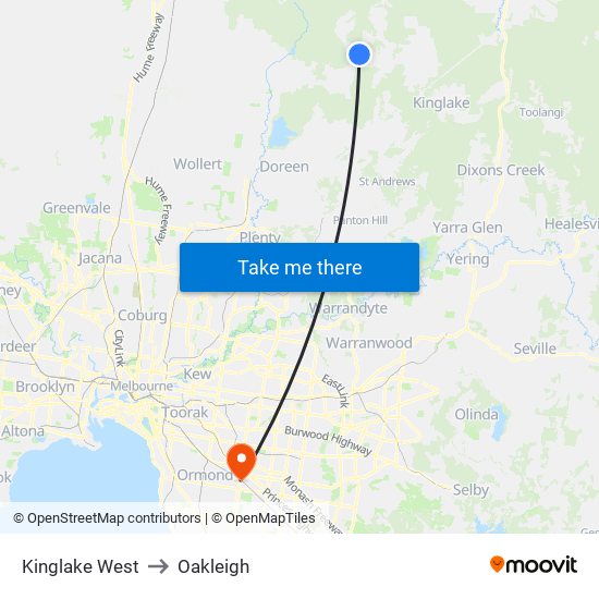 Kinglake West to Oakleigh map