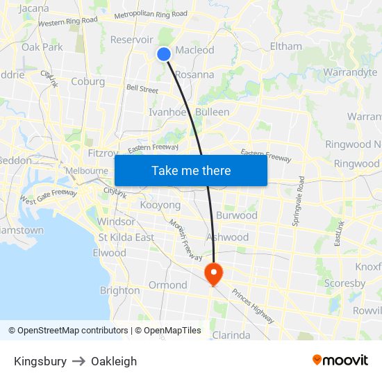 Kingsbury to Oakleigh map