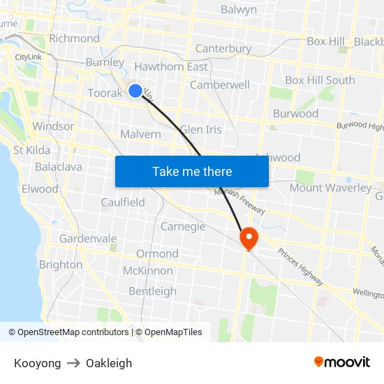 Kooyong to Oakleigh map