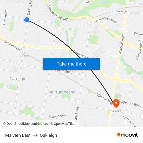 Malvern East to Oakleigh map