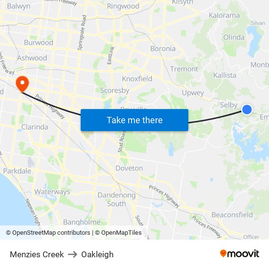 Menzies Creek to Oakleigh map