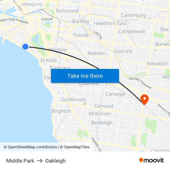 Middle Park to Oakleigh map