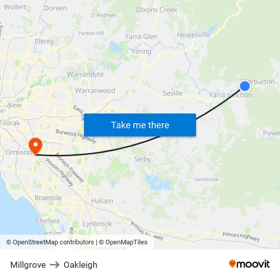 Millgrove to Oakleigh map