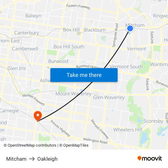 Mitcham to Oakleigh map