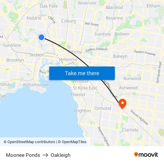 Moonee Ponds to Oakleigh map