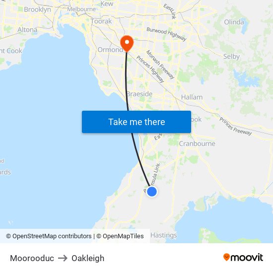 Moorooduc to Oakleigh map