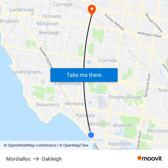 Mordialloc to Oakleigh map